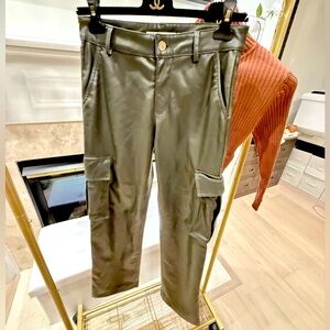 Army green faux leather cargo pants in size small